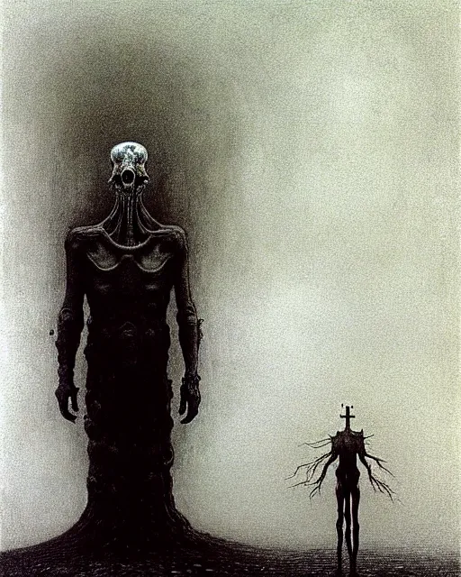 Image similar to full-body creepy realistic central composition, a decapitated soldier with futuristic elements. he welcomes you into the fog with no head, dark dimension, empty helmet inside is occult mystical symbolism headless full-length view. standing in ancient gate eldritch energies disturbing frightening eerie, artwork by Salvador Dali, Beksiński, Van Gogh and Monet.