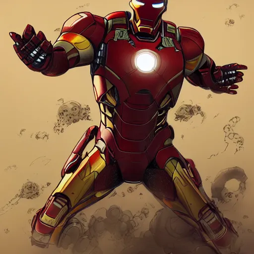 Image similar to lineart, colour, iron man, flying, steampunk, hyperdetailed, artstation