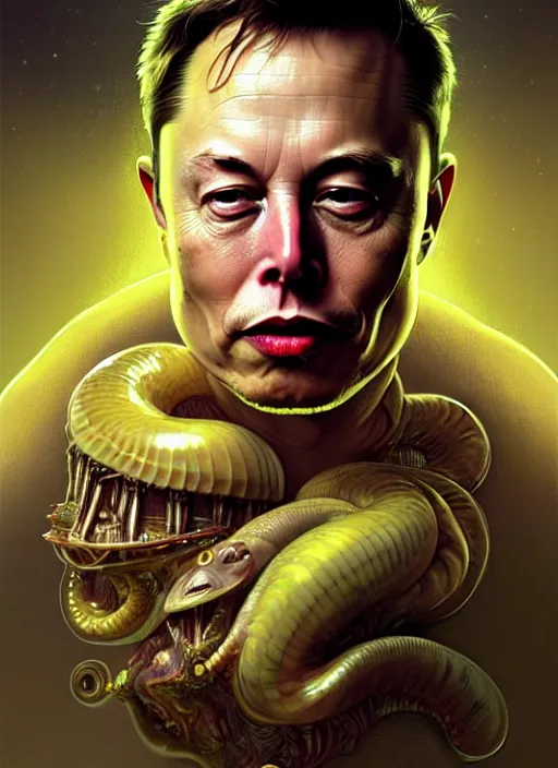 Image similar to elon musk as mollusk, slime, drool, portrait, intricate, elegant, highly detailed, digital painting, artstation, concept art, wallpaper, smooth, sharp focus, illustration, art by h. r. giger and artgerm and greg rutkowski and alphonse mucha