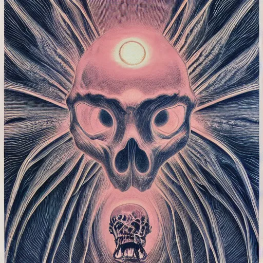 Image similar to symmetrical tarot card, the pikachu skull elder god, Zdzisław Beksiński art, figure silhouetted by burning sun, detailed, intricate, elegant, cgsociety, haunting, luxurious, ominous, matte painting, cinematic, Yoshitaka Amano, horizontally symmetrical, Wayne Barlowe