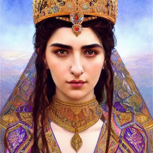 Image similar to portrait of a stunningly beautiful kurdish queen wearing a beautiful crown, highly detailed, digital painting, artstation, concept art, sharp focus, illustration, art by artgerm and greg rutkowski and alphonse mucha, incredibly beautiful and symmetrical face, incredibly detailed, award winning art, royal