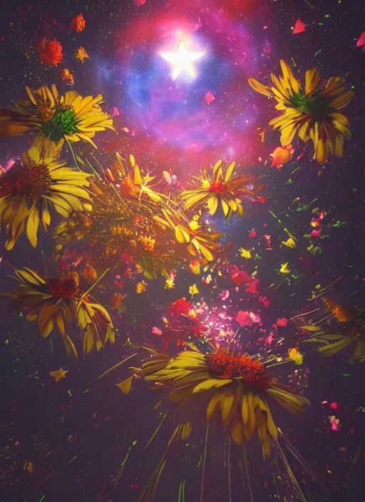 Image similar to An epic fantastic realism comic book style painting of the most beautiful spinning flowers floating into the dark and starry cosmos, exquisite bouquets, fisheye, a star implodes, unreal 5, DAZ, hyperrealistic, octane render, dynamic lighting