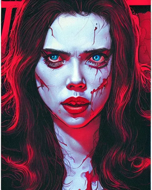 Image similar to scarlett johannson as the final girl, slasher, horror, high details, intricate details, by vincent di fate, artgerm julie bell beeple, 1 9 9 0 s, inking, vintage 9 0 s print, screen print