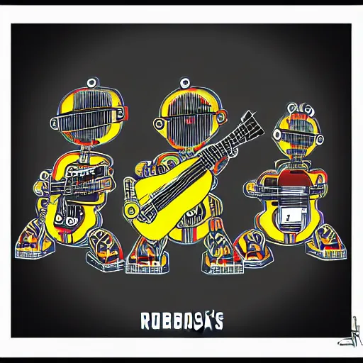 Image similar to tshirt print of a 3 dieselpunk robots playing guitar, text robos rock, 8 k, flourescent colors, halluzinogenic, multicolored, exaggerated detailed, front shot, 3 d render, octane