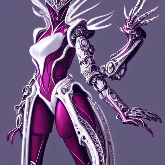 Image similar to highly detailed exquisite fanart, of a beautiful female warframe, but as an anthropomorphic elegant robot dragon, shiny white silver plated armor engraved, robot dragon head, Fuchsia skin beneath the armor, sharp claws, long tail, robot dragon hands and feet, two arms and legs, elegant pose, close-up shot, full body shot, epic cinematic shot, professional digital art, high end digital art, singular, realistic, DeviantArt, artstation, Furaffinity, 8k HD render, epic lighting, depth of field