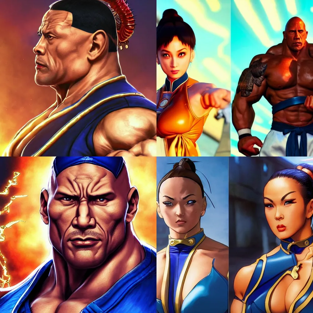 Prompt: street fighter chun li with dwayne johnson's face reminiscent of dwayne johnson, face as of dwayne johnson, looks like dwayne johnson with dwayne johnson's face and dwayne johnson's head, blue female outfit, intricate, epic lighting, cinematic composition, hyper realistic, 8k resolution, unreal engine 5, by Artgerm, tooth wu, dan mumford, beeple, wlop, rossdraws, James Jean, Andrei Riabovitchev, Marc Simonetti, yoshitaka Amano, Artstation