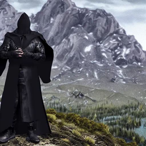 Image similar to a realistic full body of Konnor, a dragonblood, a black hood with black robes, extremely realistic and detailed, standing in front of a mountain