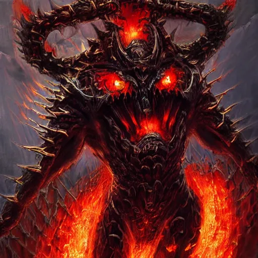 Prompt: inferno demon lord of torment in heavy molten armor, artstation hall of fame gallery, editors choice, #1 digital painting of all time, most beautiful image ever created, emotionally evocative, greatest art ever made, lifetime achievement magnum opus masterpiece, the most amazing breathtaking image with the deepest message ever painted, a thing of beauty beyond imagination or words