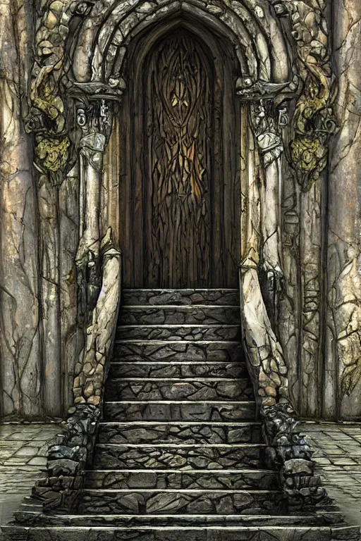 Prompt: stone steps fantasy leading do a gothic doorway opened, artstation by emilia dziubak, will terry, greg olsen, chris mars, ann long, and mark brooks, gret ritkowski dramatic, architecture, colorful clear sharp focus, warcraft architecture