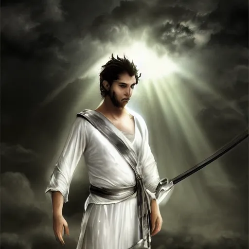 Image similar to a portrait of a young handsome prince, white fringy hair, white shirt under a black tunic, smooth, epic landscape, backlit, incredible lighting, strong rim light, highly detailed, god rays, digital painting, HDRI, by Heise Jinyao, Heise-Lian Yan Fang, Feimo, Richard Taddei, vivid colors, high contrast, 8k resolution, intricate, photorealistic