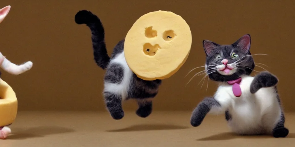 Image similar to a cat dancing on its hind legs, on top of a round ball of Swiss cheese, while playing the fiddle with its paws, in the style of claymation