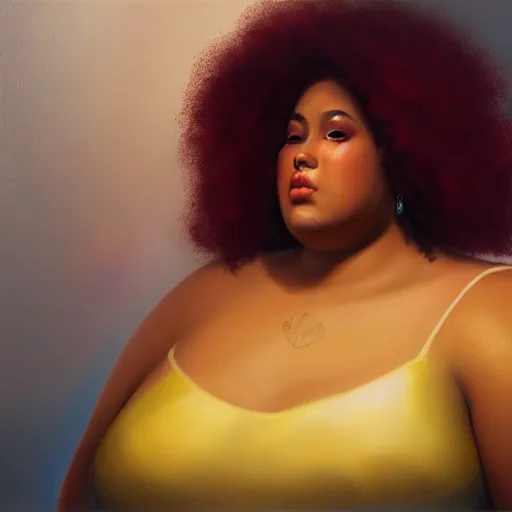 Image similar to beautiful oil painting of a fat mixed woman with an afro, beautiful eyes, artstation, volumetric lights, highly detailed, concept art, sharp focus, beautiful face