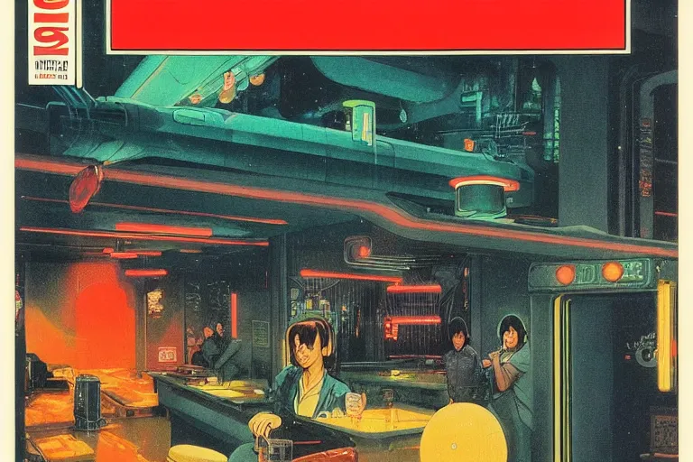 Prompt: 1979 OMNI Magazine Cover of a cozy bar interior in neo-tokyo in cyberpunk style by Vincent Di Fate. Product advertisement