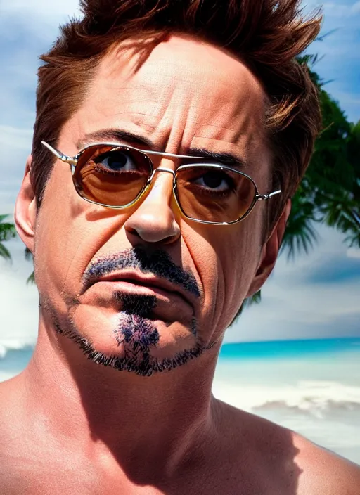 Image similar to a full portrait photo of robert downey jr holiday in bali, f / 2 2, 3 5 mm, 2 7 0 0 k, lighting, perfect faces, award winning photography.