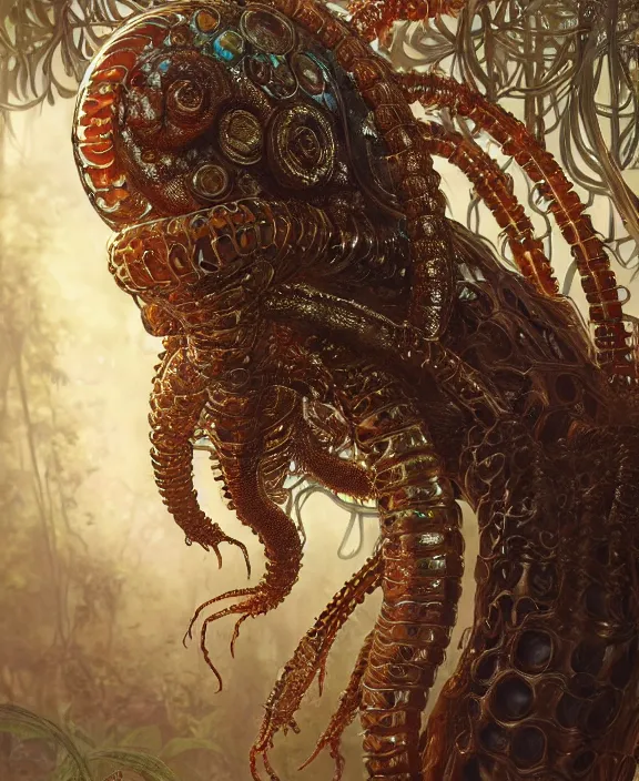 Image similar to intricate ornate opulent transparent clear see - through portrait of a terrifying ugly male alien centipede, mottled coloring, adorable, childlike, overgrown jungle environment, ultra realistic, concept art, art nouveau, photorealistic, octane render, 8 k, unreal engine. art by christopher marley and artgerm and greg rutkowski and alphonse mucha