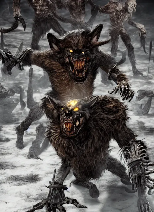 Image similar to werewolf fighting an endless army of skeletons, ultra detailed fantasy, elden ring, realistic, dnd, rpg, game design concept art, behance hd, artstation, deviantart, global illumination radiating a glowing aura global illumination ray tracing hdr render in unreal engine 5