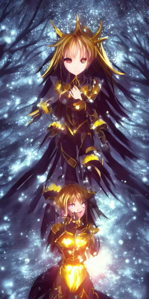 Image similar to focus portrait of beautiful darkness knight 3D anime girl, golden armor wearing, dark forest background, snowing, bokeh, inspired by Masami Kurumada, digital painting, high contrast, unreal engine render, volumetric lighting, high détail