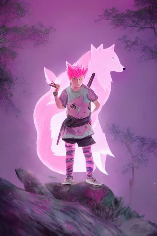 Image similar to a beautiful fullbody portrait of a cute male boy with pink hair and pink wolf ears and tail, wearing a cool outfit, barefoot, wielding a sword in battle position, in a forest, at night. volumetric light, detailed, photorealistic, fantasy, rendered in octane