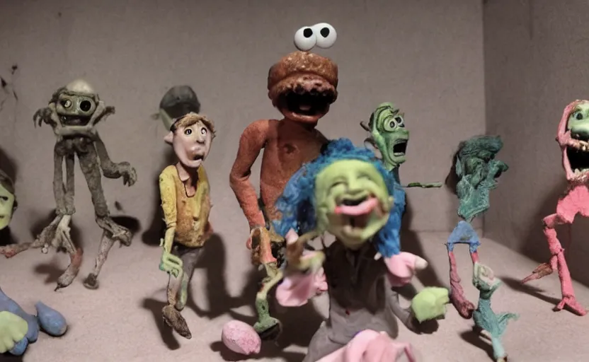 Image similar to a scene from a claymation horror movie