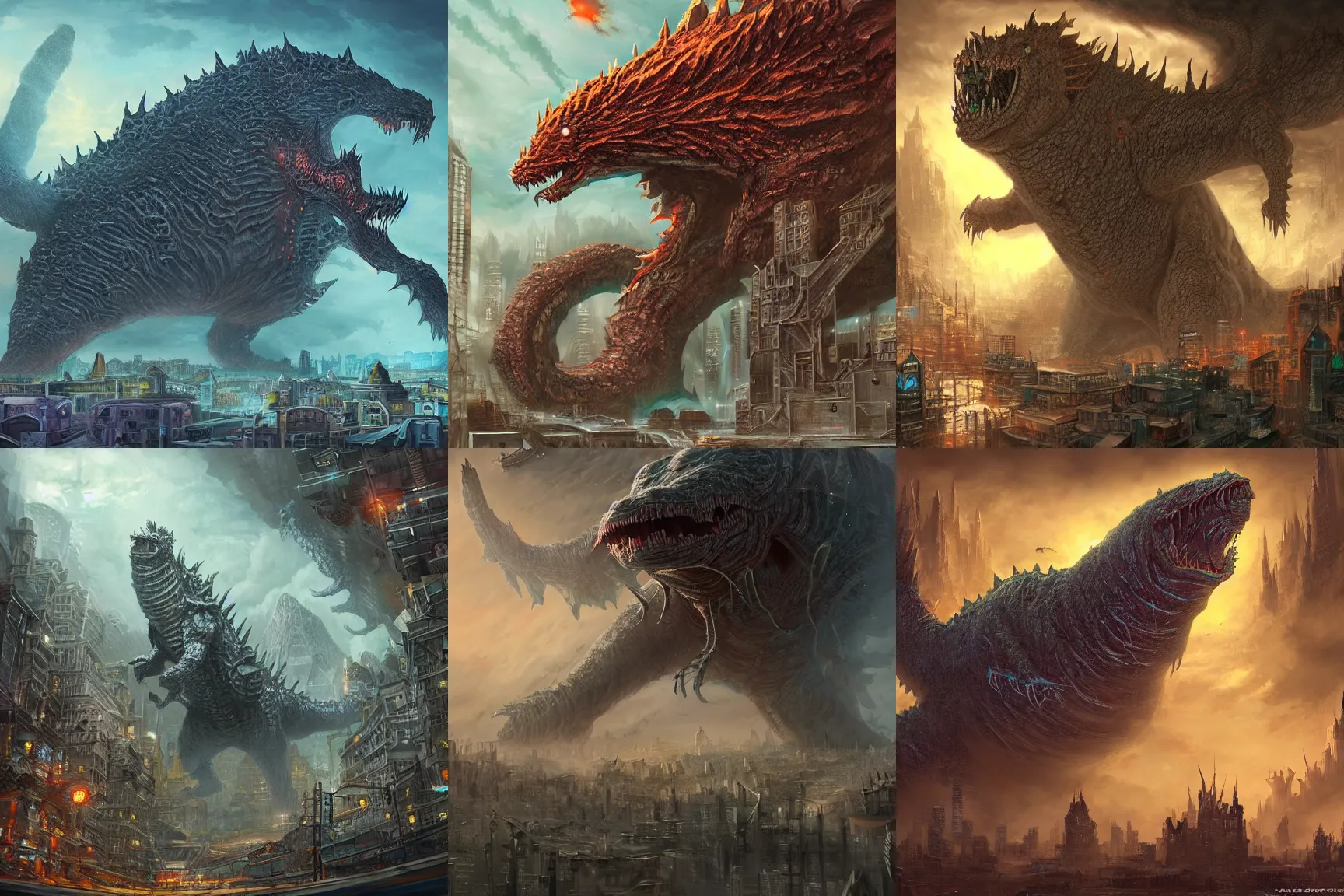 Prompt: giant kaiju that looks like a subway train attacking a city, fantasy artwork, award winning, hyper detailed, very very very beautiful, studio lighting, artstation, scenery