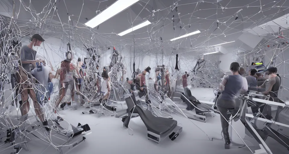 Image similar to a photo of hundreds of humans hooked up to wires in a multilevel biomechanical room, unreal engine, octane render,