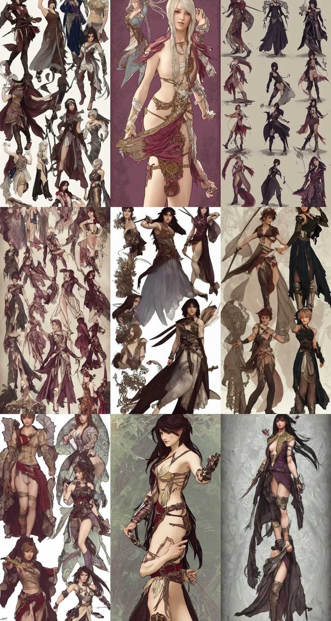 Prompt: Character concept and fashion spot illustrations from Assassin's Creed Brotherhood and Xena Warrior Princess and Final Fantasy mashup, full-body, bloom, dynamic poses, diaphanous cloth, intricate crystalline and feather jewelry, ornate, filigree, arcane, cinematic lighting, by Alphonse Mucha, by Artgerm, by Bouguereau, by Sakimichan, fantasy, portfolio illustration, highly detailed, trending on Artstation, CGsociety, HQ, 8k, 35mm lens, f2.8, Bokeh,