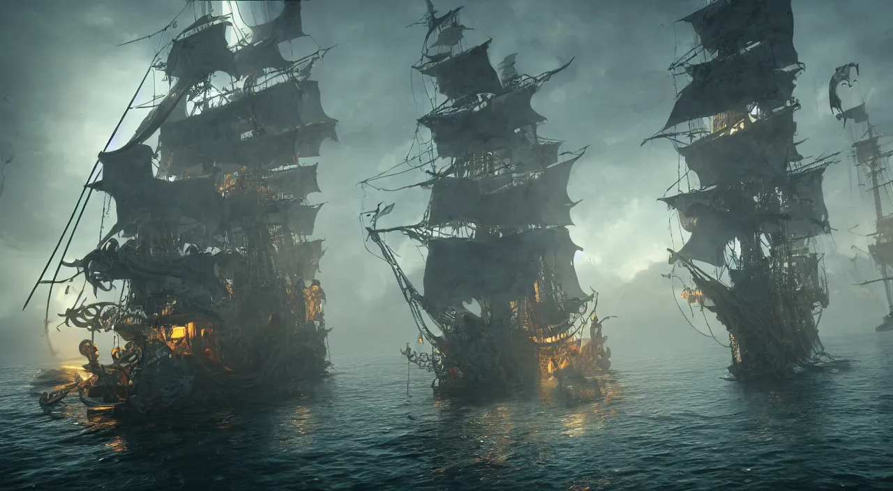 Image similar to ghost pirate ship with a pirate on the foreground, highly detailed, photorealistic portrait, bright studio setting, studio lighting, crisp quality and light reflections, unreal engine 5 quality render