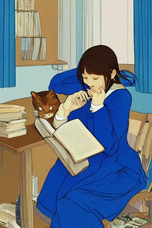 Image similar to a digital painting of a girl reading a book with a cat in A comfortable study room at night,JK uniform ,Hairdryer,blue theme,S line, by anmi and reoenl and mucha