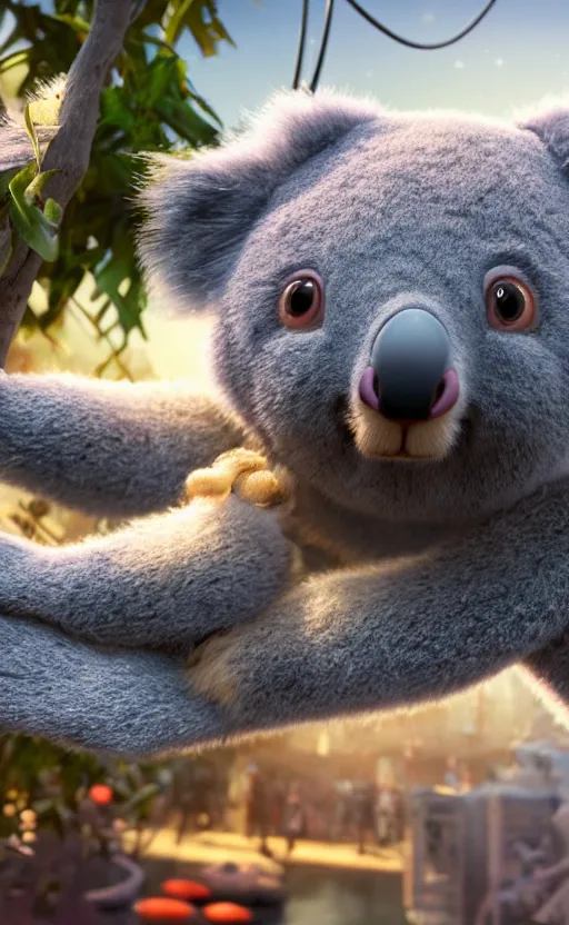 Image similar to koala bear wearing socks, magical city, water bear, cute, electric, furry, soft, concept art, intricate details, highly detailed, photorealistic, disney pixar, octane render, iridescent, anime, 8 k