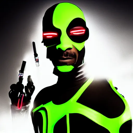 Prompt: Snoop Dogg as a cyborg cyberpunk ninja, skintight black uniform, neon green bulletproof vest, Leather gloves, Robot arm, cigarette in his mouth. and wielding a giant, smoking, blunt, as a weapon, emerging from a cloud of smoke. high quality, unreal engine 5 render, high quality render, octane render, photo realistic, ultra detail, cinematic lighting, realistic, cyberpunk, Snoop Dogg, Snoop Dogg rapper