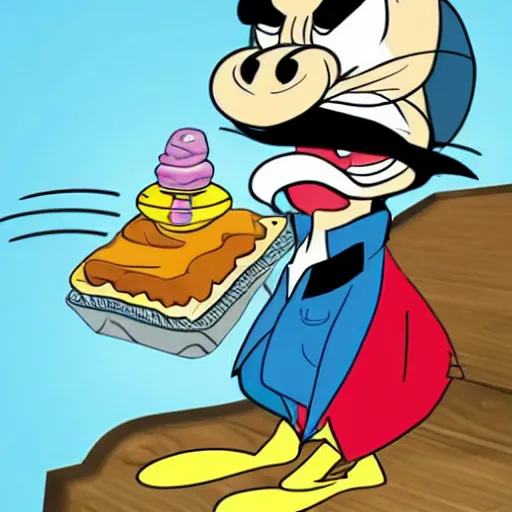 Image similar to drake in the style of a looney tunes character floating because he smelled a delicious pie, high detailed cartoon, looney tunes