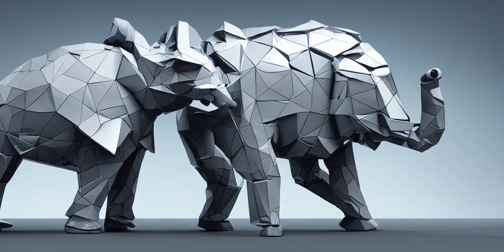 Prompt: robotic elephant with low-poly body-armor, intricate detail, military-grade, futuristic, zaha hadid, 4k, watercooling, unreal engine