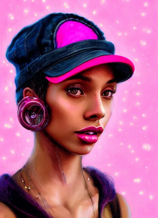 Image similar to portrait of teenage vanessa morgan with bright pink hair, black girl, vanessa morgan, curly pixie cut hair, wearing newsboy cap, newsboy cap, hoop earrings, intricate, elegant, glowing lights, highly detailed, digital painting, artstation, concept art, smooth, sharp focus, illustration, art by wlop, mars ravelo and greg rutkowski