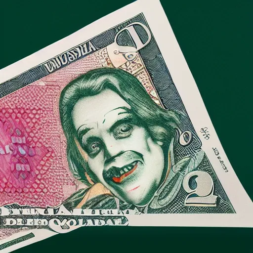 Image similar to A dollar banknote with a clown face printed on it