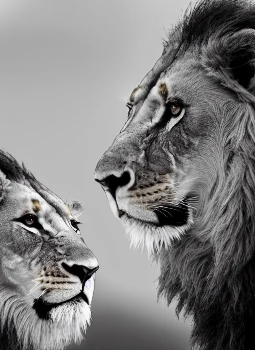 Prompt: close up lion and lioness black and white portrait white sky in background