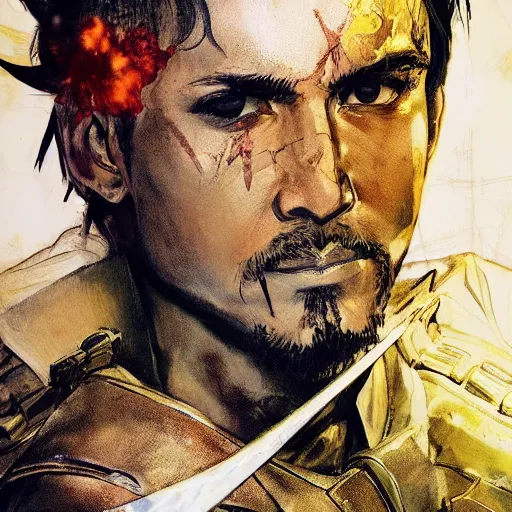 Image similar to portrait of a hero holding his sword in front of his face by yoji shinkawa, high quality, extra details, realism, ornate, colored, golden chain, blood, white skin, short hair, brown eyes, vivid, sunlight, dynamic, american man, freedom, white american soldier, spray paint