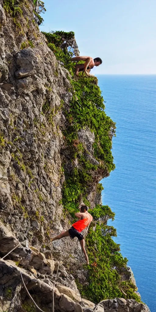 Prompt: a physically fit man climbing steep stairs toward a beautiful storybook castle on a high cliff overlooking the ocean