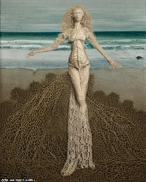 Image similar to an woman standing on a beach, made of intricate decorative lace leaf skeleton, in the style of the dutch masters and gregory crewdson, dark and moody