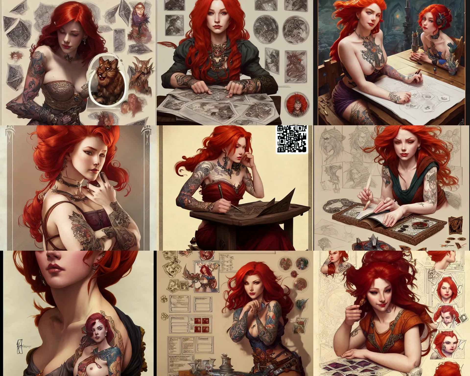 Prompt: redheaded tattooed lola gaos sitting at table playing dnd, character sheet, deep focus, d & d, fantasy, intricate, elegant, highly detailed, digital painting, artstation, concept art, matte, sharp focus, illustration, hearthstone, art by artgerm and greg rutkowski and alphonse mucha.