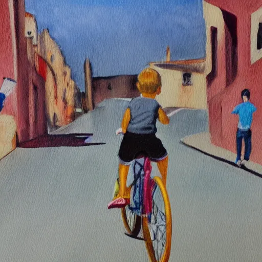 Image similar to a painting of a boy riding a bicycle in spain