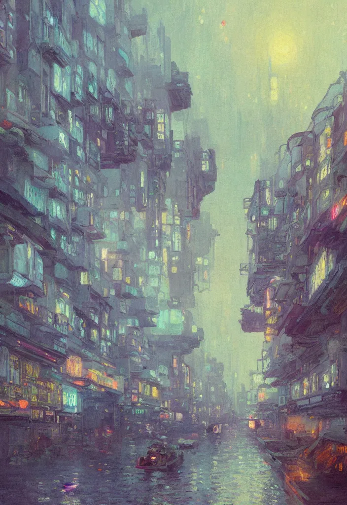 Image similar to a beautiful futuristic city in the clouds, amazing ryokans and gorgeous edo era houses, epic cyberpunk, lofi vibe, colorful, vivide colors, amazing light, really beautiful nature, oil painting in impressionist style, by jeremy lipkin, by claude monet, by makoto shinkai, multiple brush strokes, inspired by ghibli, masterpiece, beautiful