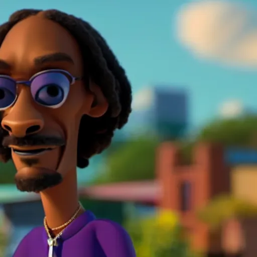 Image similar to a cinematic film still from a 2022 Pixar movie about Snoop Dogg, in the style of Pixar, shallow depth of focus