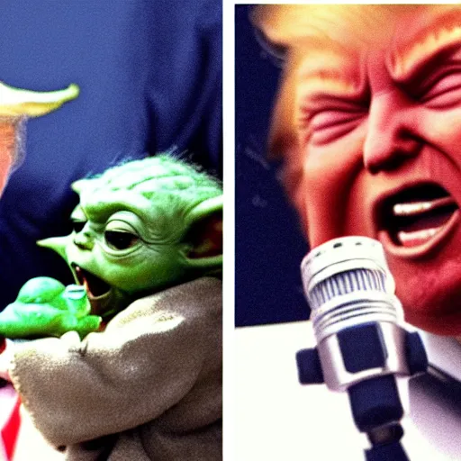 Prompt: donald trump screaming at baby yoda