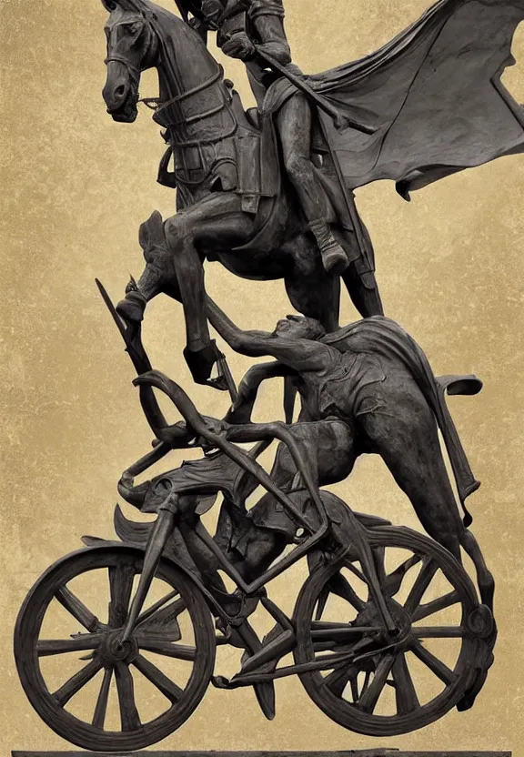 Prompt: [A sculpture of St.Georges on a bike. Soviet!!!! Propaganda!!!! poster!!!!!!!!!!, promotional poster, advertising, composition, graphic design, elegant, highly detailed, digital painting, artstation, concept art, matte, sharp focus, illustration, octane render, unreal engine, photography]