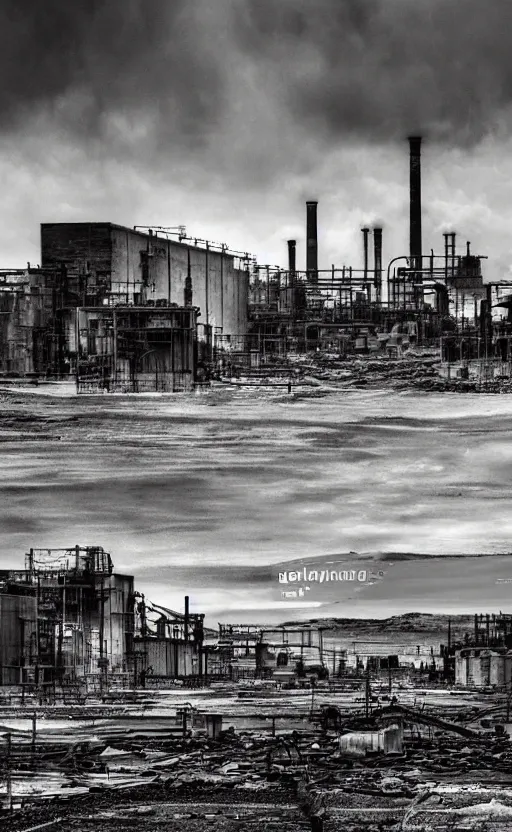 Image similar to industrial devastation abandoned factories oil field post - apocalyptic dusk wasteland irradiated contaminated