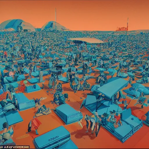 Image similar to A busy, crowded festival on Mars with 2 million people, 80's style retro futuristic art