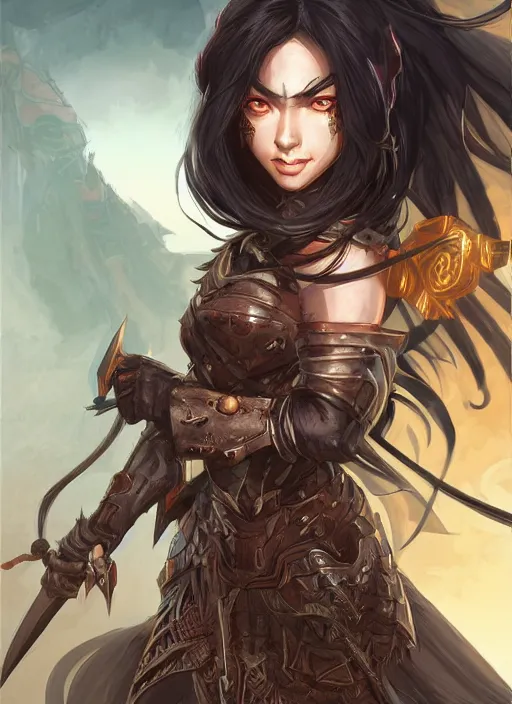 Image similar to beautiful warrior lady, black long hair, practical armor, brown skin, demonic eyes, low fantasy, extremely detailed, sharp focus, smooth, digital illustration, by rossdraws, frank franzzeta, sakimichan