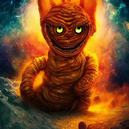 Image similar to one eldritch horror bloody garfield in space, galaxy, hd, 8 k, explosions, gunfire, lasers, giant, epic, realistic photo, unreal engine, stars, prophecy, powerful, cinematic lighting, destroyed planet, debris, movie poster, violent, sinister, ray tracing, dynamic, print, epic composition, dark, lasagna, horrific