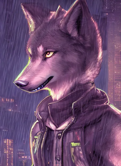 Image similar to character portrait of a male anthro wolf fursona with a tail and a cute beautiful attractive detailed furry face wearing stylish cyberpunk clothes in a cyberpunk city at night while it rains. hidari, color page, tankoban, 4K, tone mapping, Akihiko Yoshida.