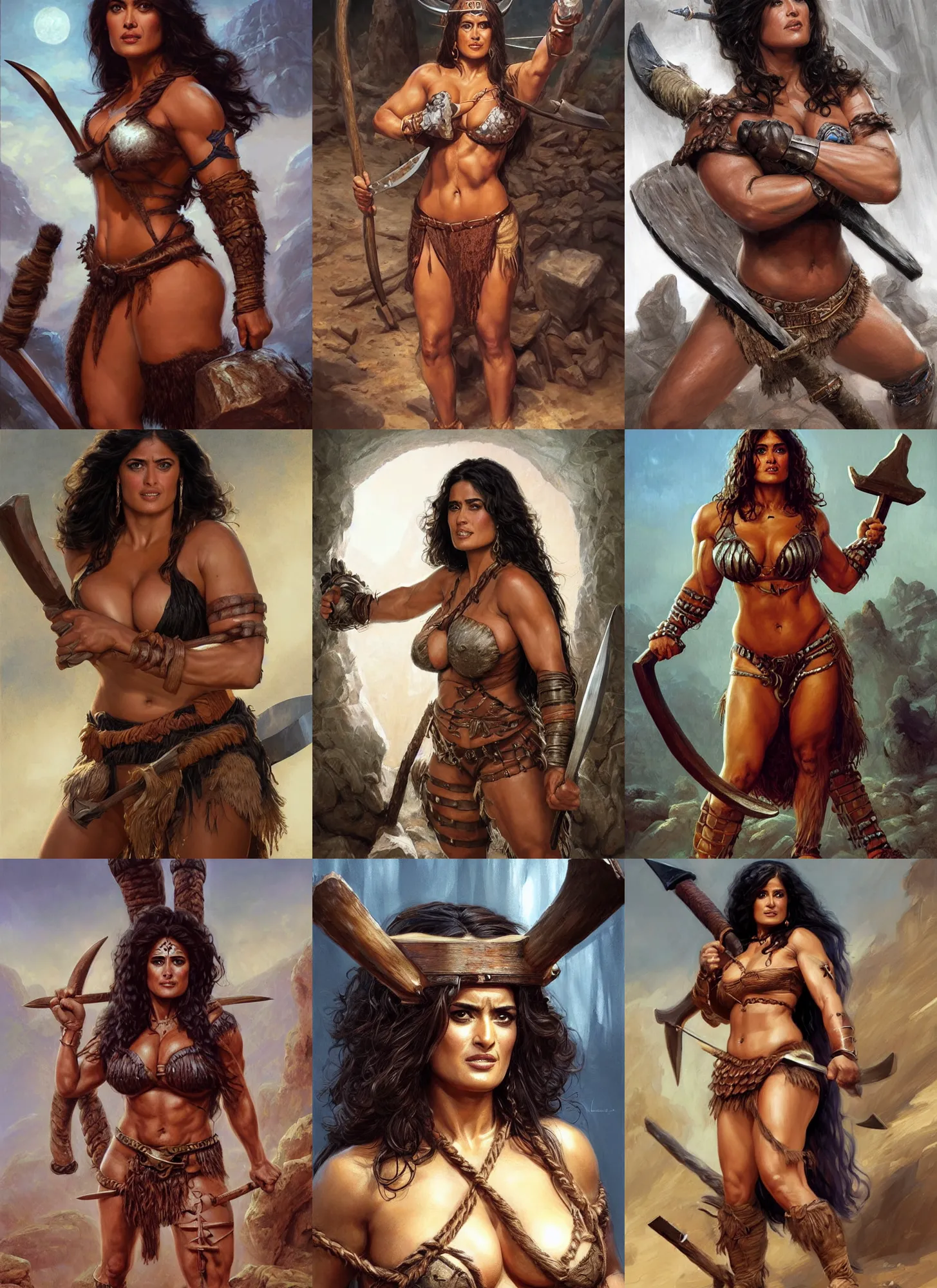 Prompt: portrait of very muscled salma hayek as barbarian with axe drawn hiding from a few scary creepy mummies, elegant, highly detailed, centered, digital painting, artstation, concept art, artgerm, donato giancola, joseph christian leyendecker, wlop, boris vallejo, artgerm